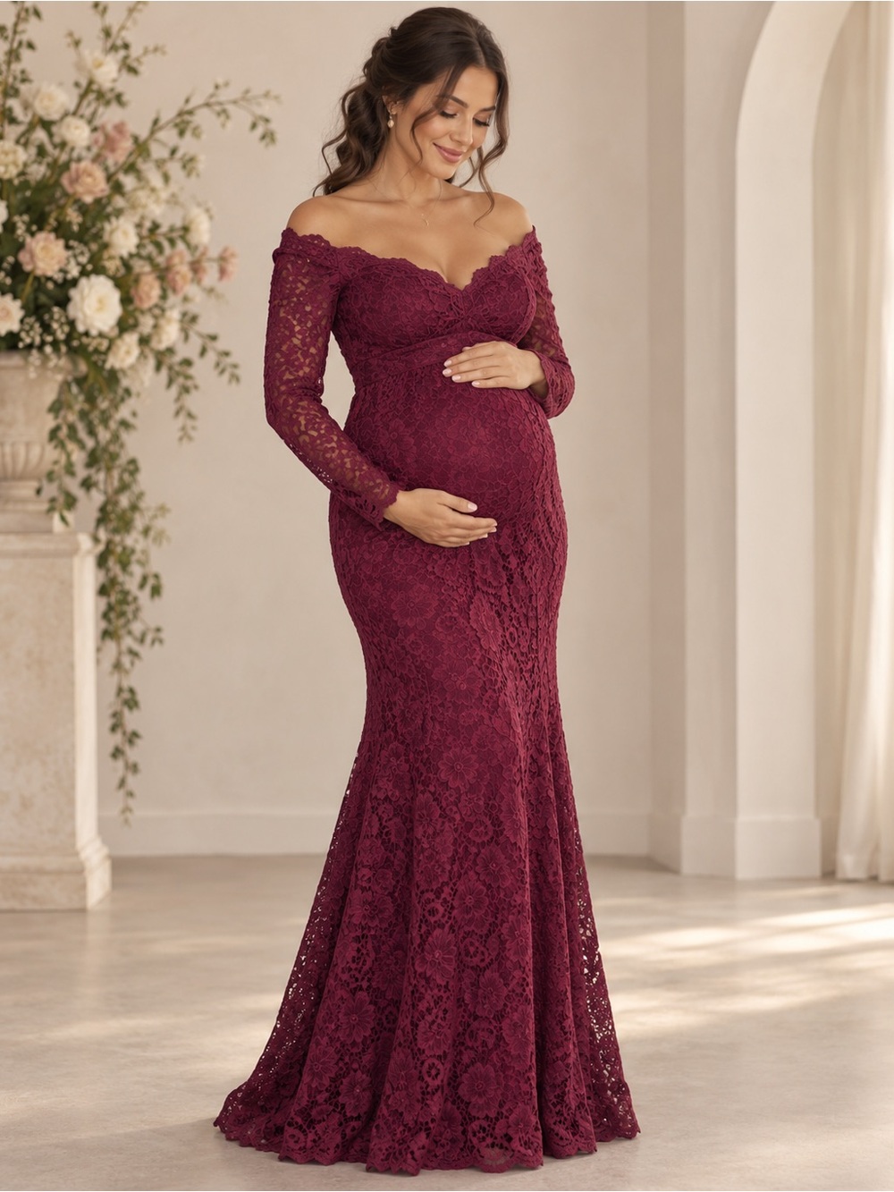 PinkBlush Maniju Burgundy Lace Off Shoulder Maternity Maxi Dress M